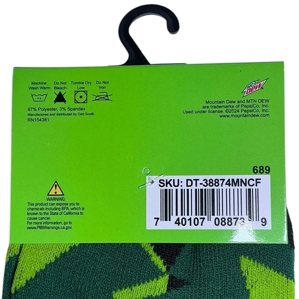 Socks Mountain Dew Novelty Crew Length Reinforced Black Green Unisex Men 6-12